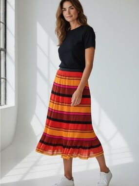 J. Crew Pleated A-Line Midi Skirt in Orange, Red & Pink